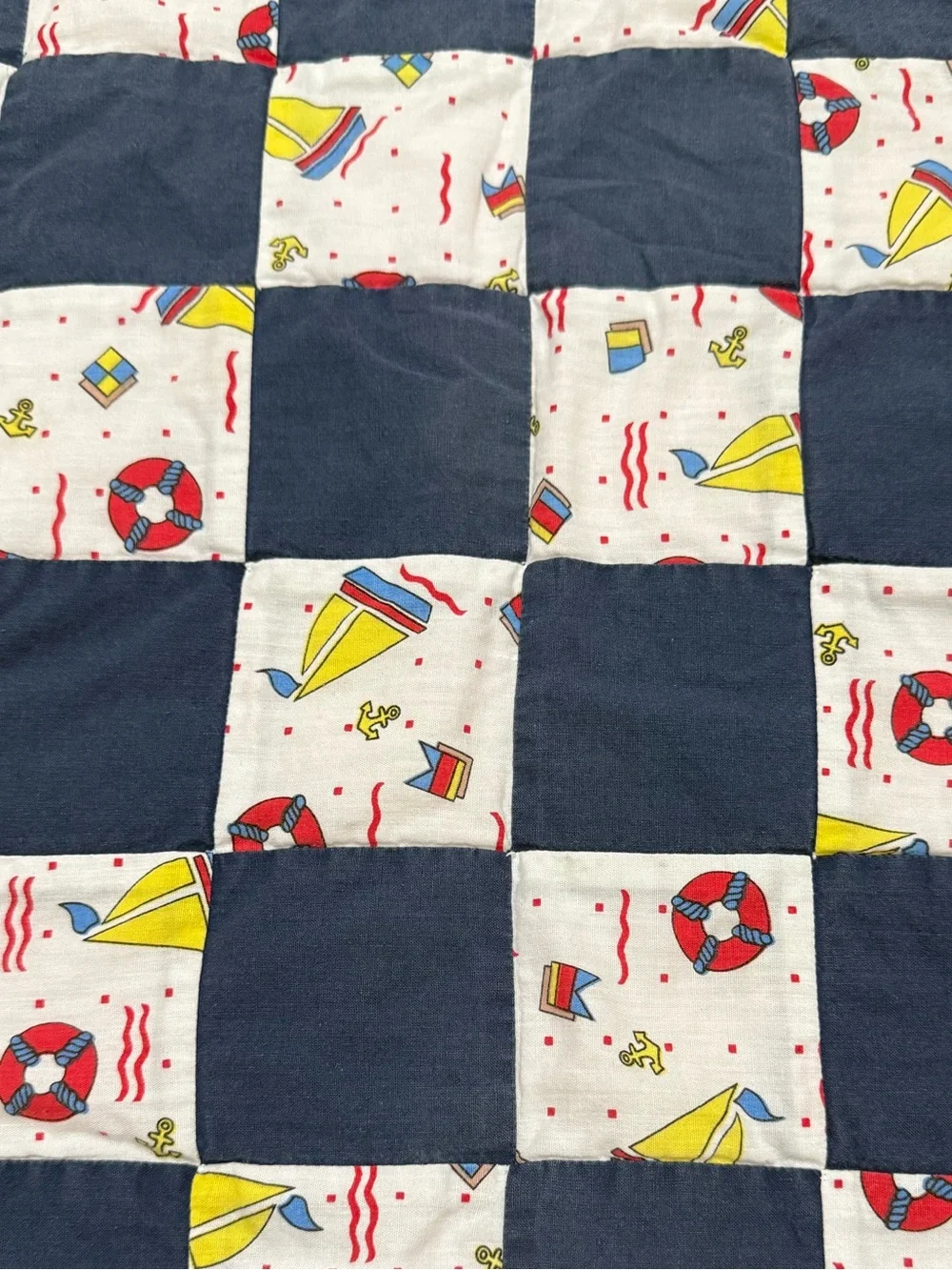 Vintage Handmade Baby Quilt Nautical Boat Theme Patchwork 36x27” Blue Red